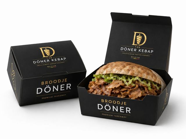 Broodje döner in een zwarte doos van The Döner Kebap