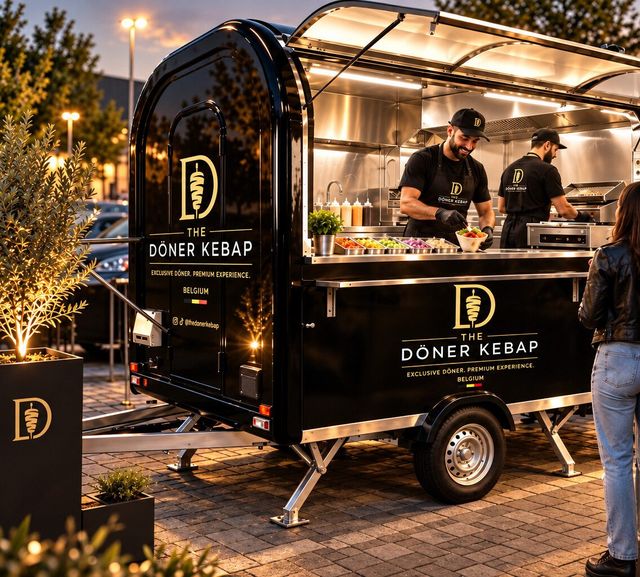 Zwarte foodtrailer met goudkleurig logo en geopend verkoopluik bij avond